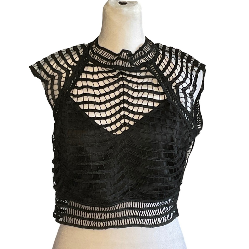 LUXXEL womens lace crochet crop black goth whimsigoth chic party club glam top M